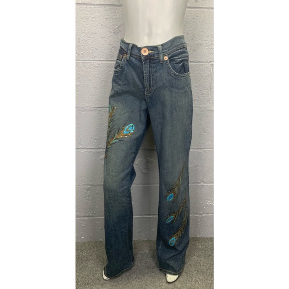 Z. Cavaricci Authentic Vintage Painted Rhinestone Peacock Jeans Mid Rise Size 10 - Picture 7 of 14
